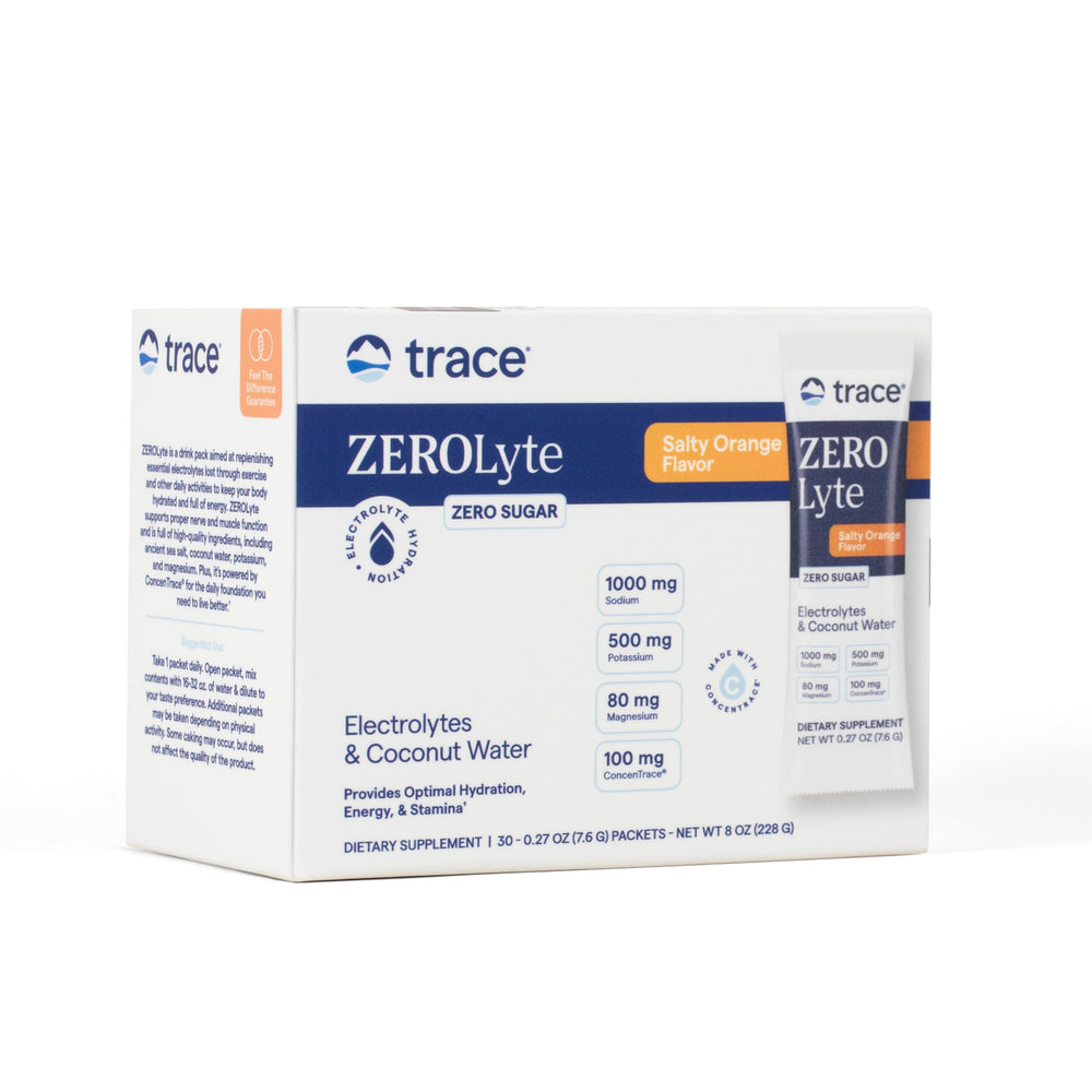 Trace Minerals ZeroLyte salty orange packet for on-the-go hydration without sugar.