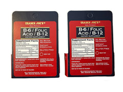 Trader Joe's B-6 Folic Acid B-12 tablets close-up, high potency daily formula.