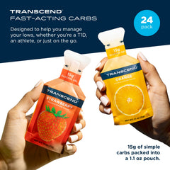 Transcend strawberry orange gels pack back, nutrition details and gluten-free, caffeine-free features.