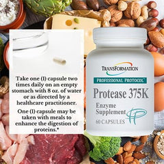TRANSFORMATION Protease 375K packaging with label detailing ingredients and directions.