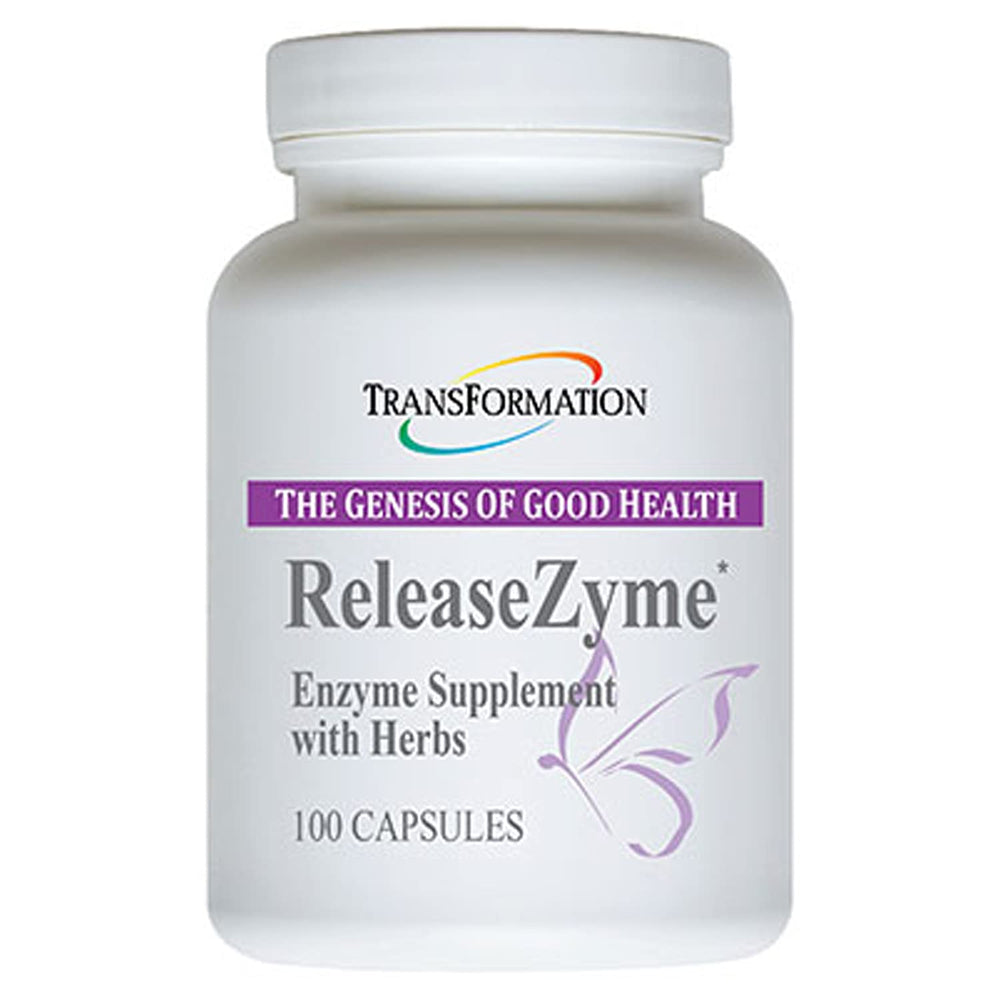 TRANSFORMATION ReleaseZyme enzymes bottle for digestive support and protein breakdown.