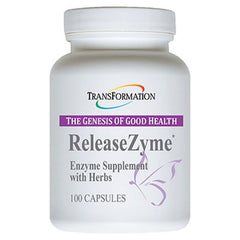 TRANSFORMATION ReleaseZyme enzymes bottle for digestive support and protein breakdown.