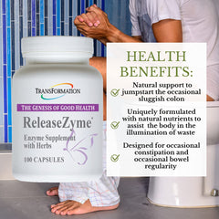 TRANSFORMATION ReleaseZyme herbal blend bottle highlighting plant-based digestive support.