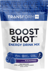 TransformHQ Boost Shot blue raspberry packet ready to mix for quick energy.