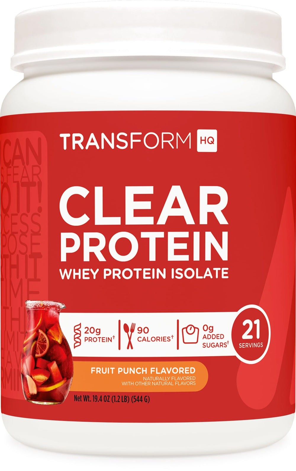 TransformHQ Clear Protein Powder Fruit Punch tub displaying 21 servings for everyday fueling