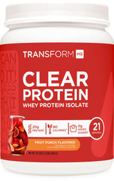 TransformHQ Clear Protein Powder Fruit Punch tub displaying 21 servings for everyday fueling