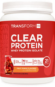 TransformHQ Clear Protein Powder Fruit Punch tub displaying 21 servings for everyday fueling