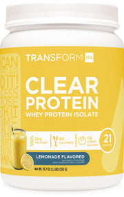 TransformHQ Clear Whey Lemonade bottle poured for a refreshing post-workout drink.