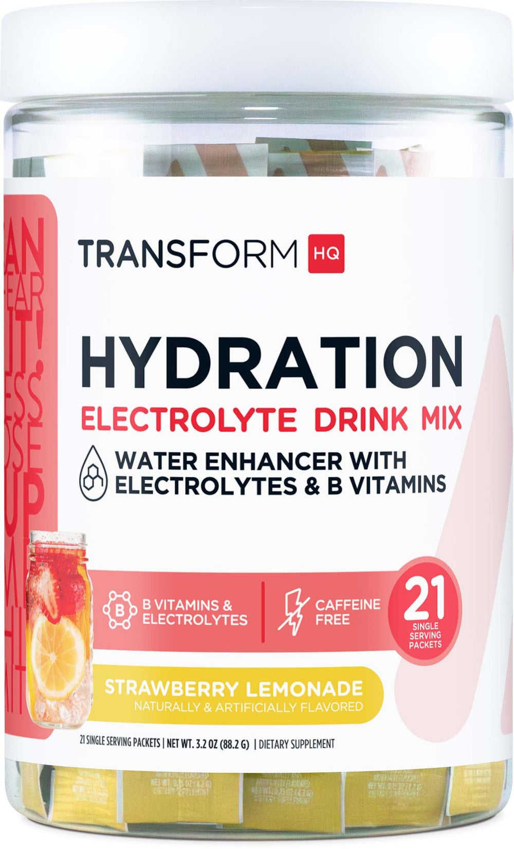 TransformHQ Hydration Drink Mix box showing strawberry lemonade packets for on-the-go hydration.