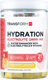 TransformHQ Hydration Drink Mix box showing strawberry lemonade packets for on-the-go hydration.