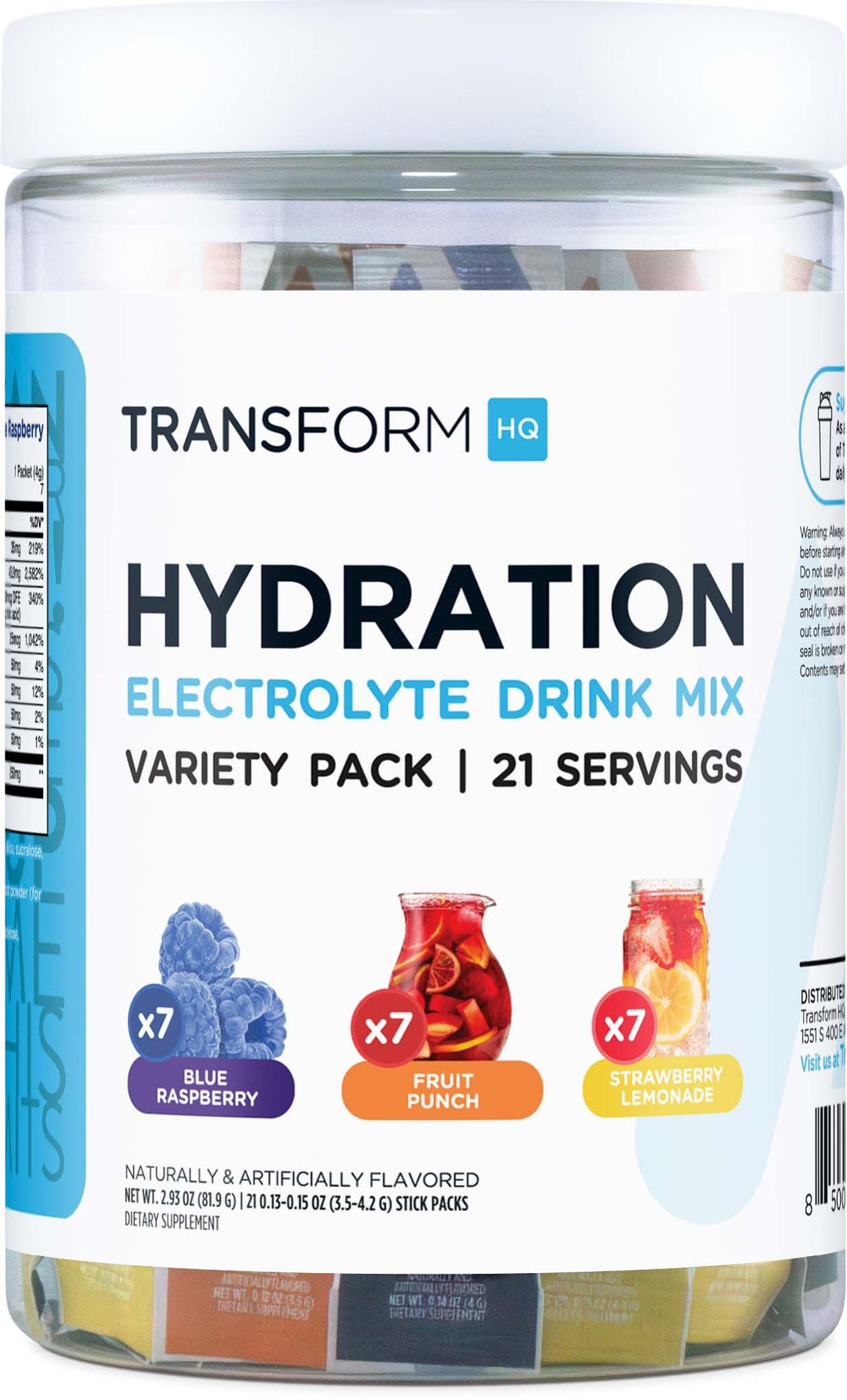 TransformHQ blue raspberry hydration packets ready for on-the-go use
