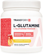 TransformHQ L-Glutamine Powder Strawberry Lemonade jar on a kitchen counter supports daily wellness