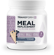 TransformHQ Meal Replacement Shake blueberry cheesecake bottle closeup highlighting gluten-free ingredients.