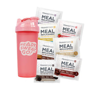 TransformHQ meal replacement shake variety box with pink shaker for on-the-go meals.