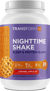 TransformHQ Nighttime Shake bottle with caramel apple pie flavor, high-protein nightly option.