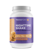 TransformHQ Nighttime Shake bottle pour, chocolate chip cookie flavor offers convenient late-night protein boost.