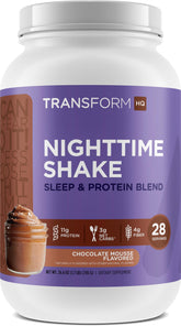 TransformHQ Nighttime Shake bottle showcasing Chocolate Mousse flavor for evening nutrition.