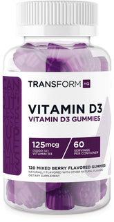 TransformHQ Vitamin D3 Gummies bottle showing 5000 IU per serving for daily wellness