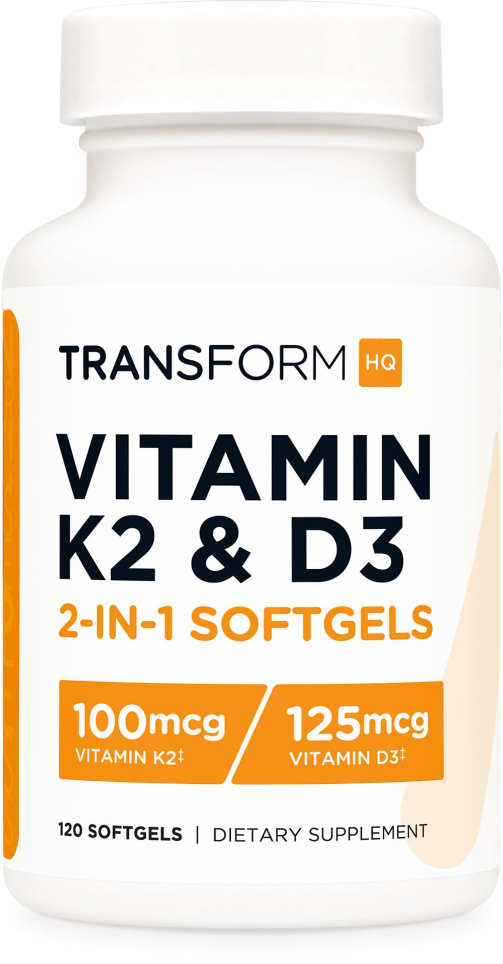 TransformHQ Vitamin K2 MK7 and D3 bottle with 120 softgels for a daily supplement routine.