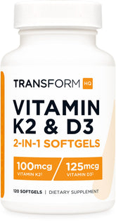 TransformHQ Vitamin K2 MK7 and D3 bottle with 120 softgels for a daily supplement routine.