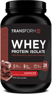 TransformHQ Whey Protein Isolate chocolate bottle highlights gluten-free, non-GMO protein for daily fueling.