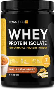 TransformHQ Whey Protein Isolate Vanilla Creme Brulee tub on a counter, convenient protein for workouts.