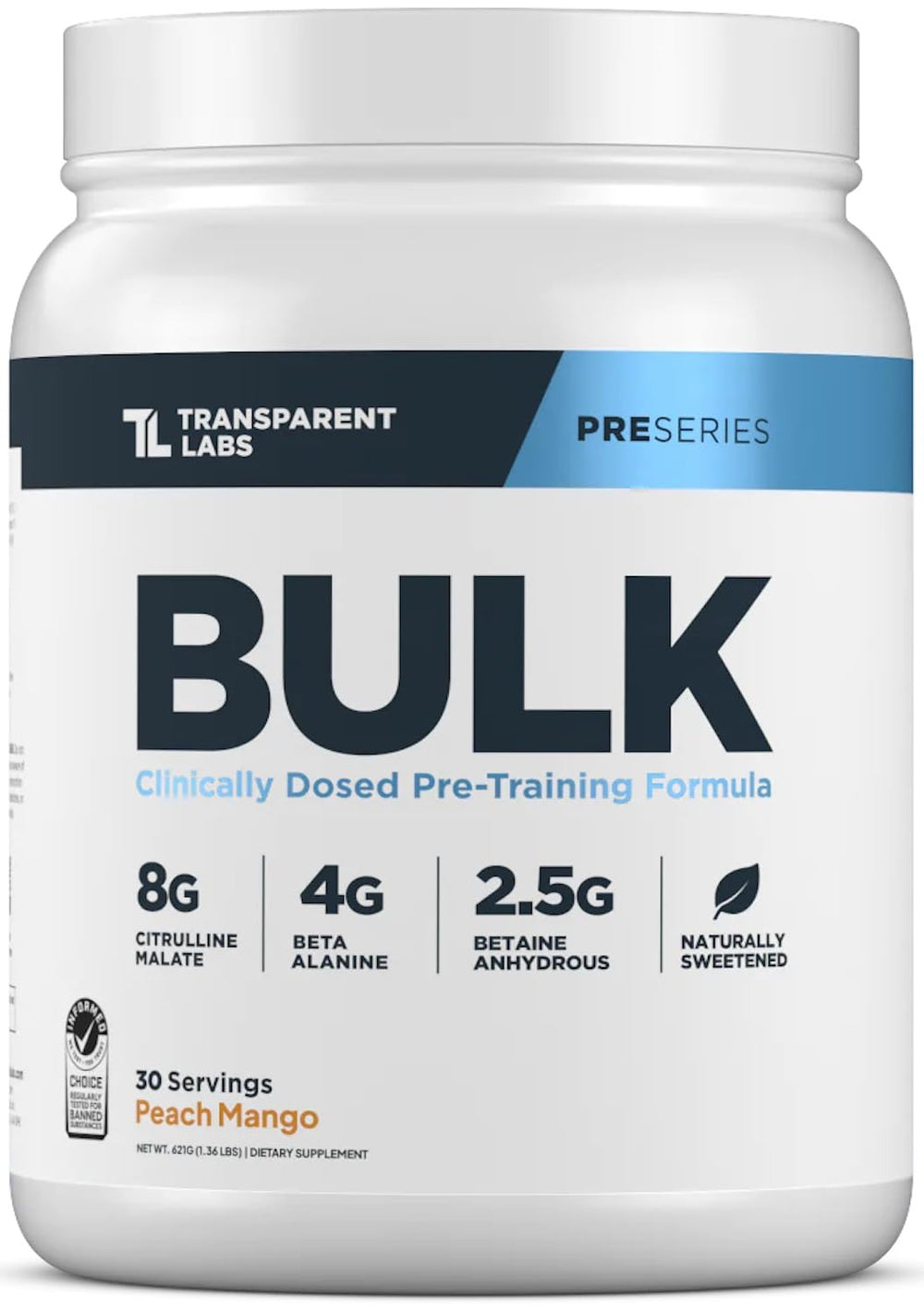 Transparent Labs Bulk Pre-Workout tub front with clean label for reliable energy.