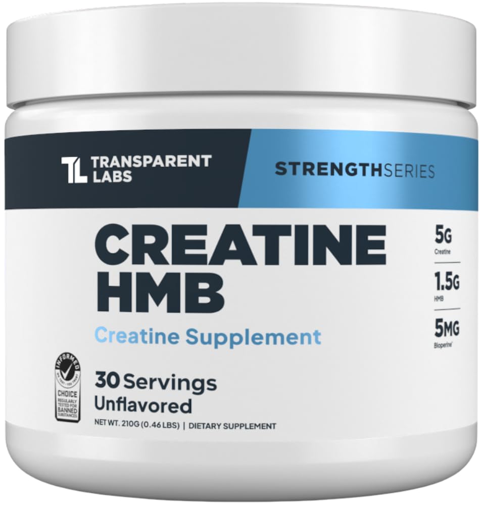 Transparent Labs Creatine HMB powder bottle for lean muscle support and cleaner absorption.