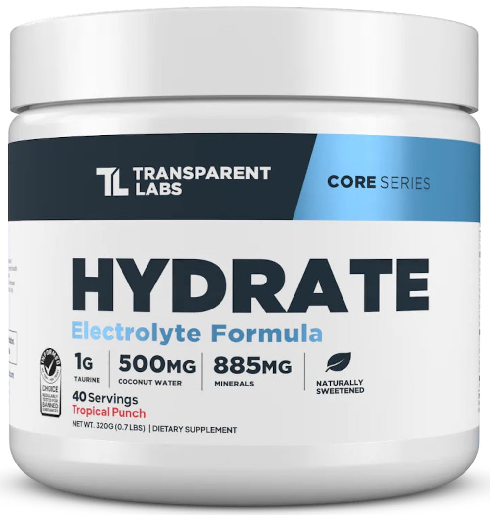 Transparent Labs Hydrate bottle on counter for convenient daily hydration.