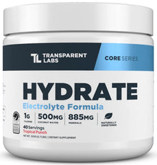 Transparent Labs Hydrate bottle on counter for convenient daily hydration.
