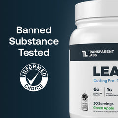 Transparent Labs Lean Pre-Workout tub label close-up shows clean formula