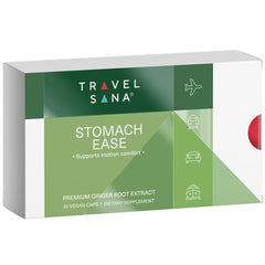 TRAVELSANA Organic Ginger Supplement bottle for travel-friendly stomach comfort.