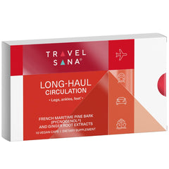 Travelsana Pycnogenol Ginger capsules bottle for travel circulation support.