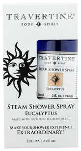 Travertine Spa Steam Shower Spray bottle highlights pure eucalyptus oil for a refreshing aroma.
