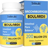 Trehealtt Saccharomyces boulardii bottle front, acid-resistant probiotic for digestive comfort.