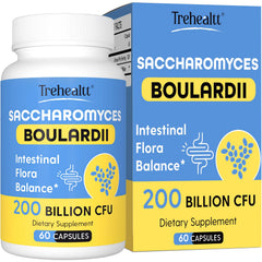 Trehealtt Saccharomyces boulardii bottle front, acid-resistant probiotic for digestive comfort.