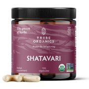 TRIBE ORGANICS Shatavari capsules bottle supports hormonal balance and overall wellness.