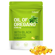 Trihood Oil of Oregano and Black Seed Softgels bottle closeup for a potent 2-in-1 wellness blend.