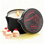 TRINIDa Cream Cherry massage candle lit for a silky oil pour.