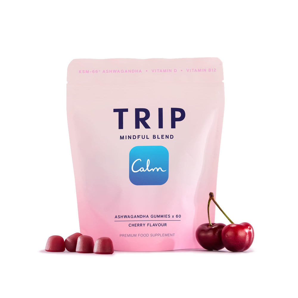 TRIP Ashwagandha Gummies jar with juicy cherry flavor for daily balance