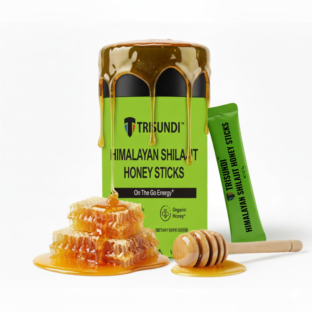 Trisundi Himalayan Shilajit Honey Stick pouring from the packet for on-the-go energy