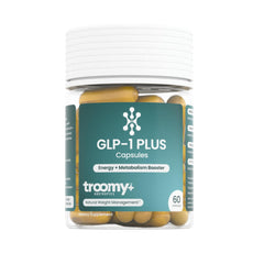 Troomy GLP-1 Plus bottle front showing plant-based capsules for daily wellness.