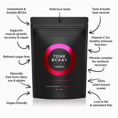 Tropeaka Tone BCAA+ label highlights clean, vegan ingredients for workouts
