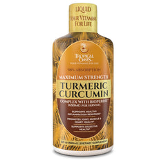 Tropical Oasis Liquid Turmeric Curcumin bottle pour showing high potency