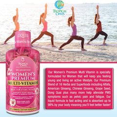 Tropical Oasis Women’s Multivitamin glass with bottle for daily vitality.