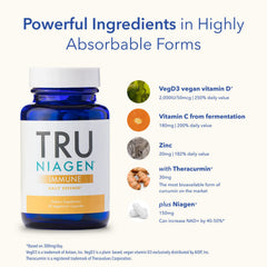 TRU NIAGEN Immune vitamin D3 2000 IU bottle close-up highlights vegan sourcing