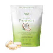 TRU Supplements Coconut Macaron protein powder canister highlighting vegan protein blend for workouts.