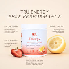 TRU Supplements Energy strawberry lemonade ingredients label highlights natural flavors and vegan formula