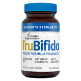 TruBifido bottle front shows 30 capsules for daily gut support and energy.