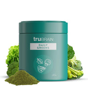 TruBrain Daily Greens bottle with label showcasing organic greens for daily nourishment.